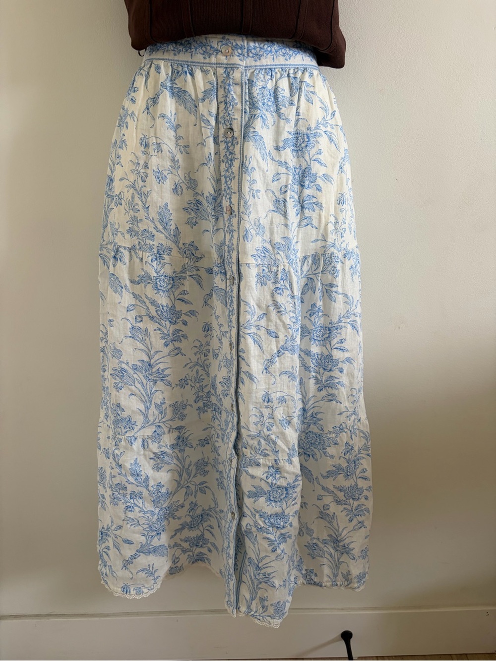 Blue Floral Midi Skirt - Lightweight Women's Skirt 100% Linen